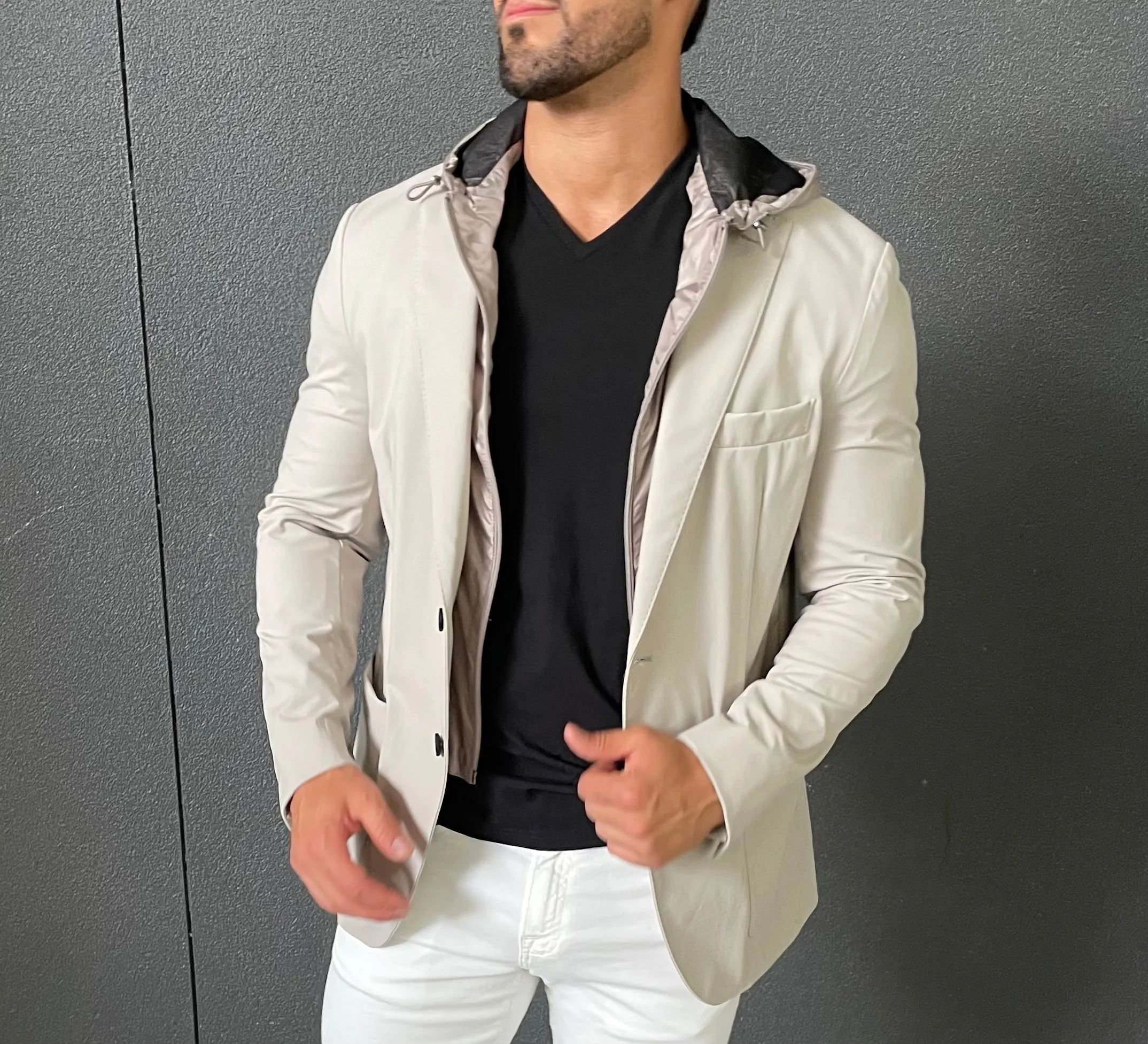 Sport jacket with removable hood