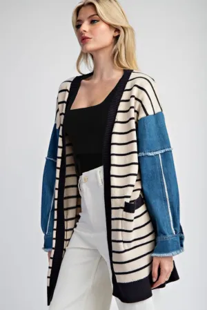 Striped Denim Sleeve Pocket Cardigan