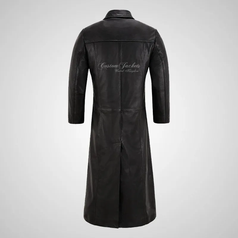 TYLER Full Length Leather Overcoat For Mens Black Coat