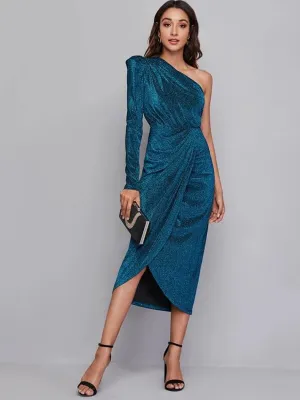 Una One-Shoulder Blue Midi Cocktail Dress