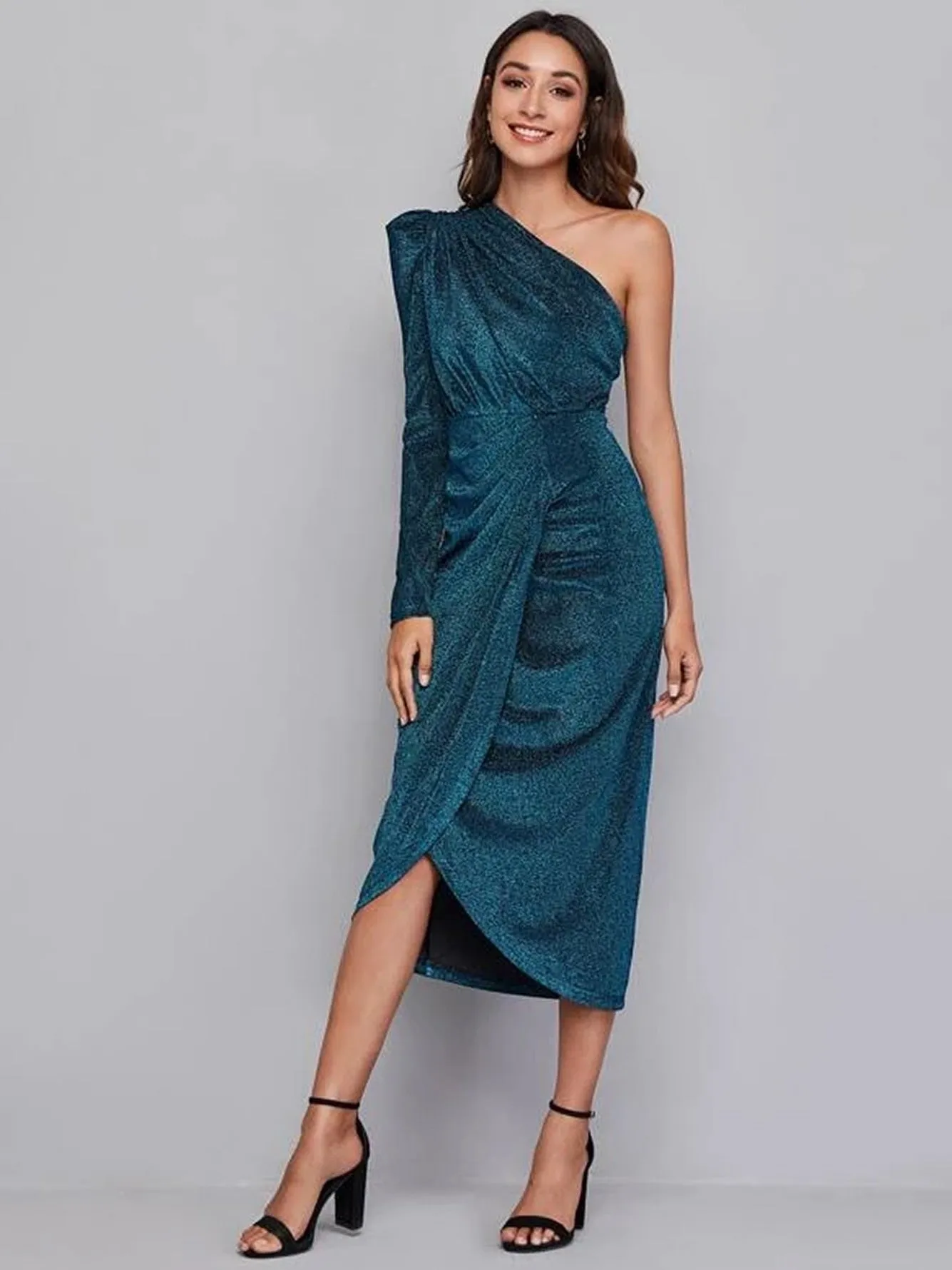 Una One-Shoulder Blue Midi Cocktail Dress