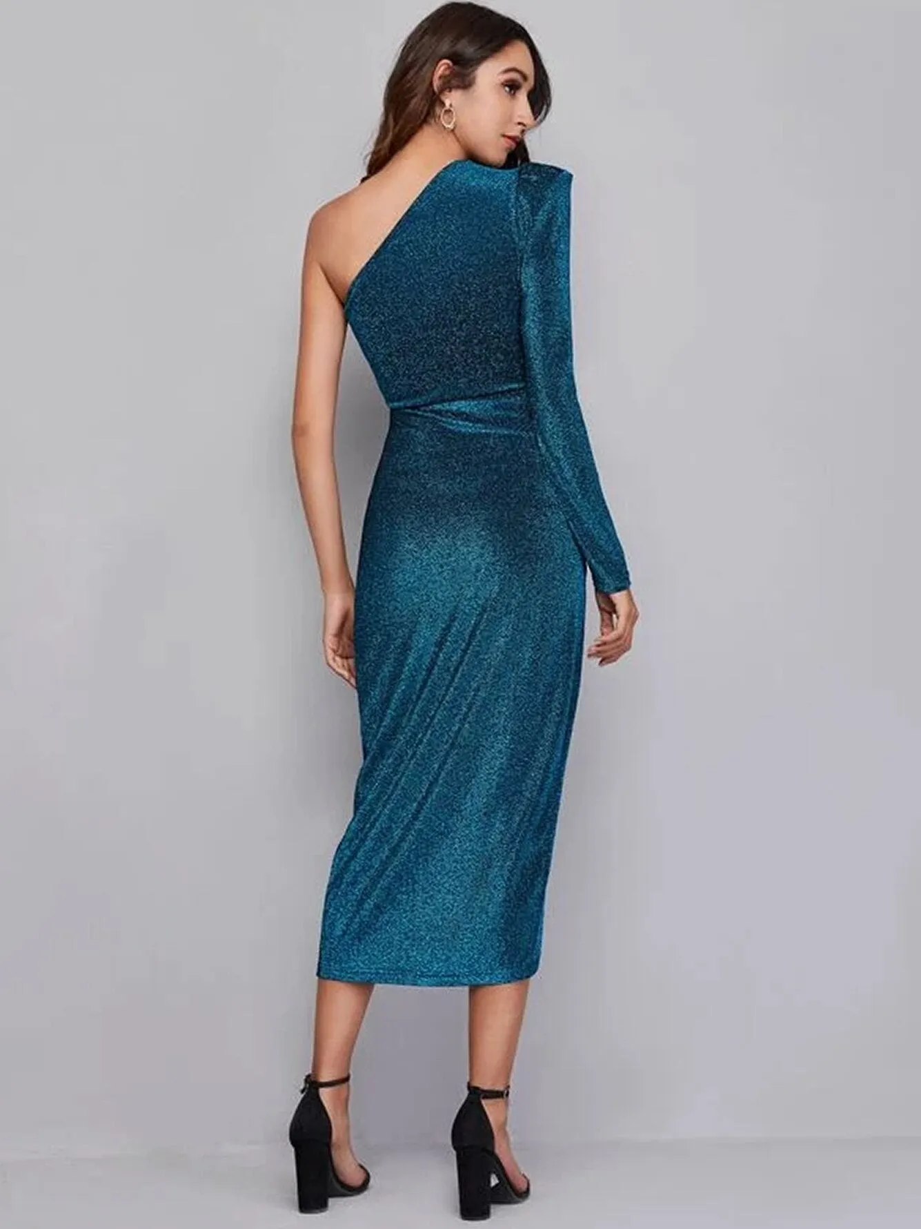 Una One-Shoulder Blue Midi Cocktail Dress