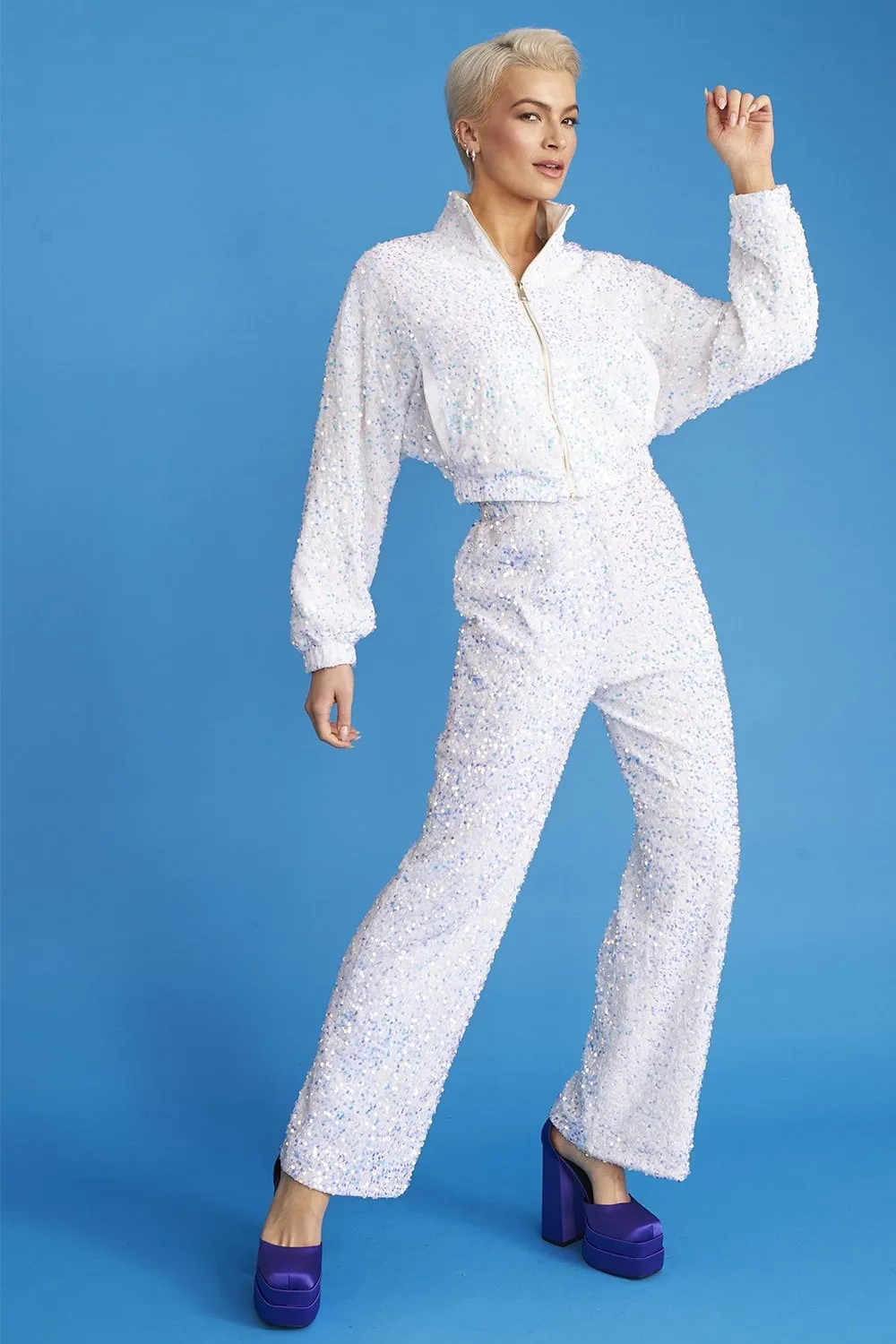 White Bamboo Blend Sequin Trousers