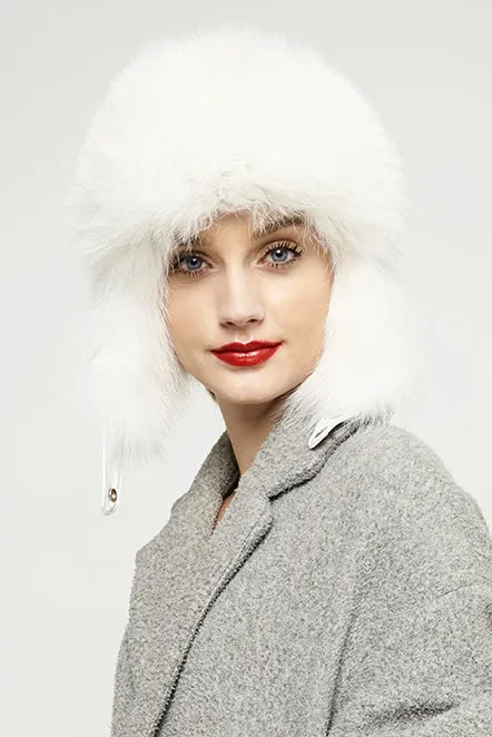 White Genuine Arctic Fox Fur and Nappa Lamb Leather Hat