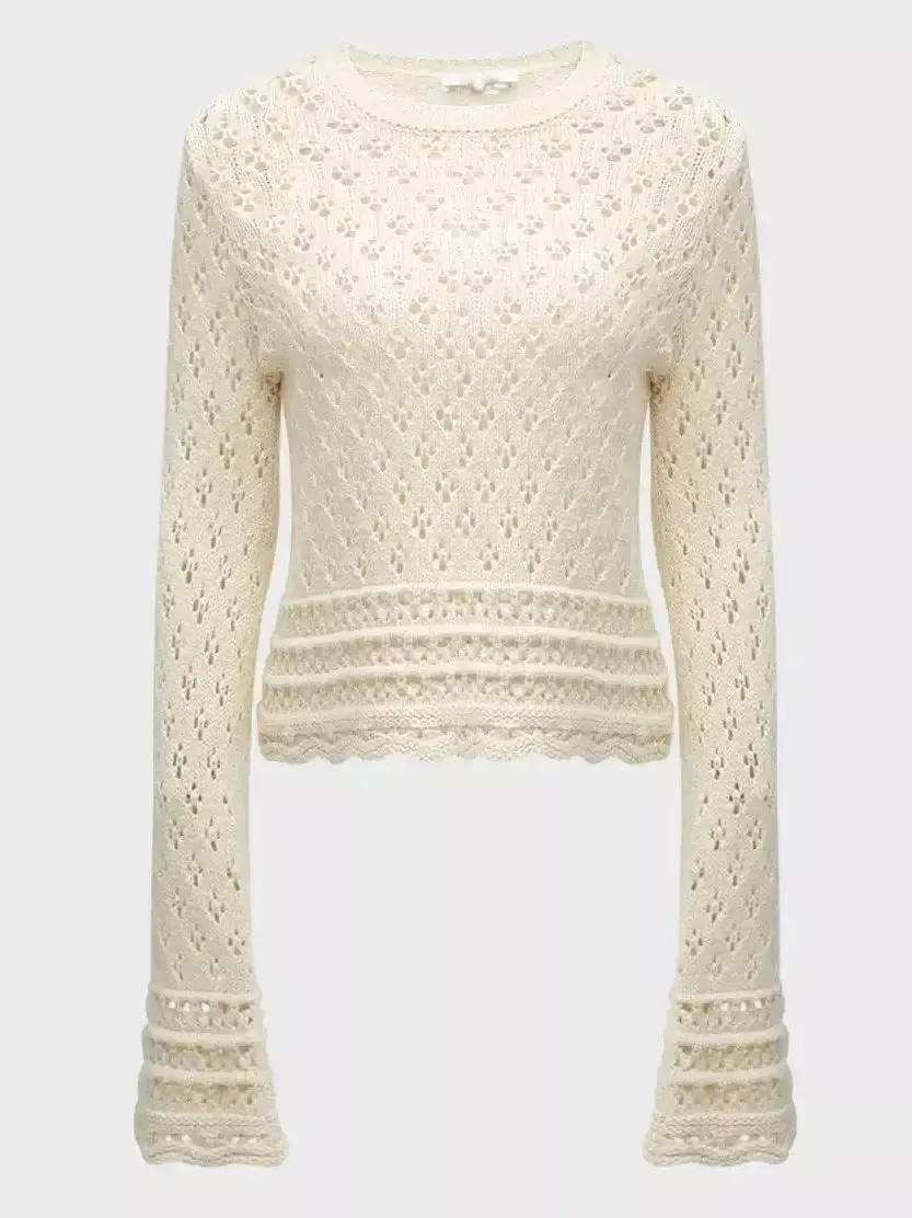 Women’s Bell-Sleeve Crochet Knit Ecru Sweater