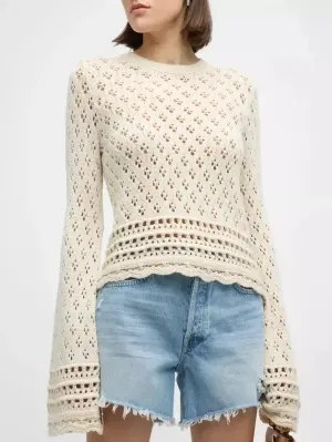 Women’s Bell-Sleeve Crochet Knit Ecru Sweater