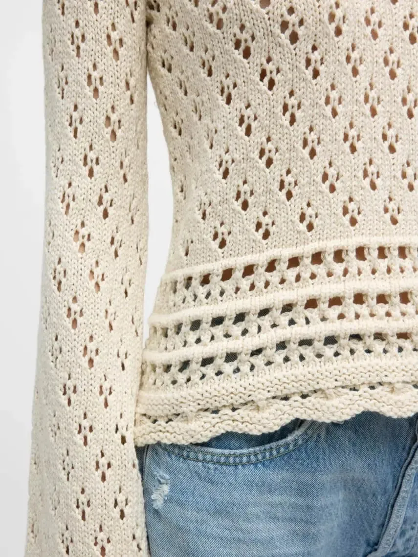 Women’s Bell-Sleeve Crochet Knit Ecru Sweater