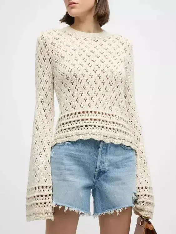 Women’s Bell-Sleeve Crochet Knit Ecru Sweater