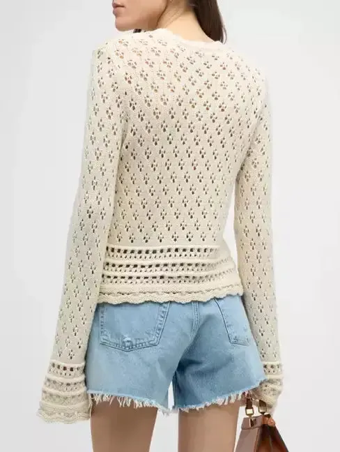 Women’s Bell-Sleeve Crochet Knit Ecru Sweater